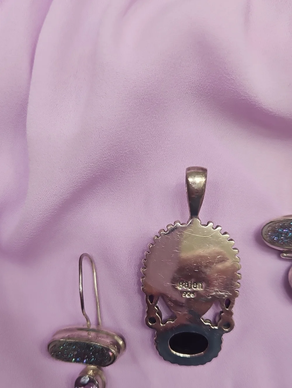 SterlingSilver 925 Amethyt& Sapp DruzyPendant with Matching Earrings Set